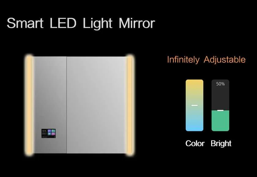 آینه هوشمند LED با قابلیت تنظیم نور بینهایت و بلندگوهای بلوتوث داخلی.