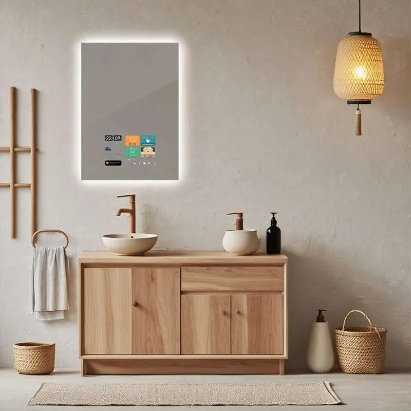 Et Vercon-smartspejl, der viser forskellige smartspejl-apps, herunder vejr, kalender og nyhedsopdateringer på en elegant touchskærm.