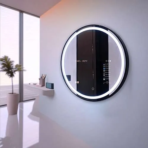 Interactive smart mirror projects for modern real estate developments, showcasing IoT home integration on a sleek vanity mirror.