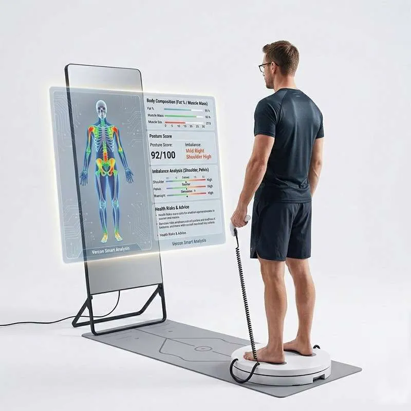 featuring the Vercon Smart 3D Body Assessment Mirror. A Caucasian male user in athletic wear stands on a 360° rotating base while holding a bioelectrical impedance sensory handle.