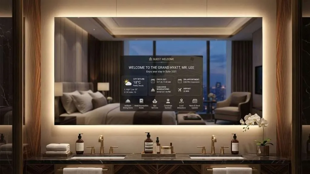 A Digitalized Mirror within a high-end commercial hotel room bathroom. The mirror displays a personalized welcome message: "WELCOME TO THE GRAND HYATT, MR. LEE," along with city weather, schedule, and airport information.